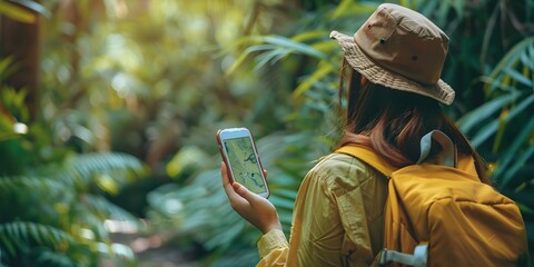 Woman Using Mobile App to Identify Local Flora and Fauna During Hiking Adventure in Verdant Jungle Landscape