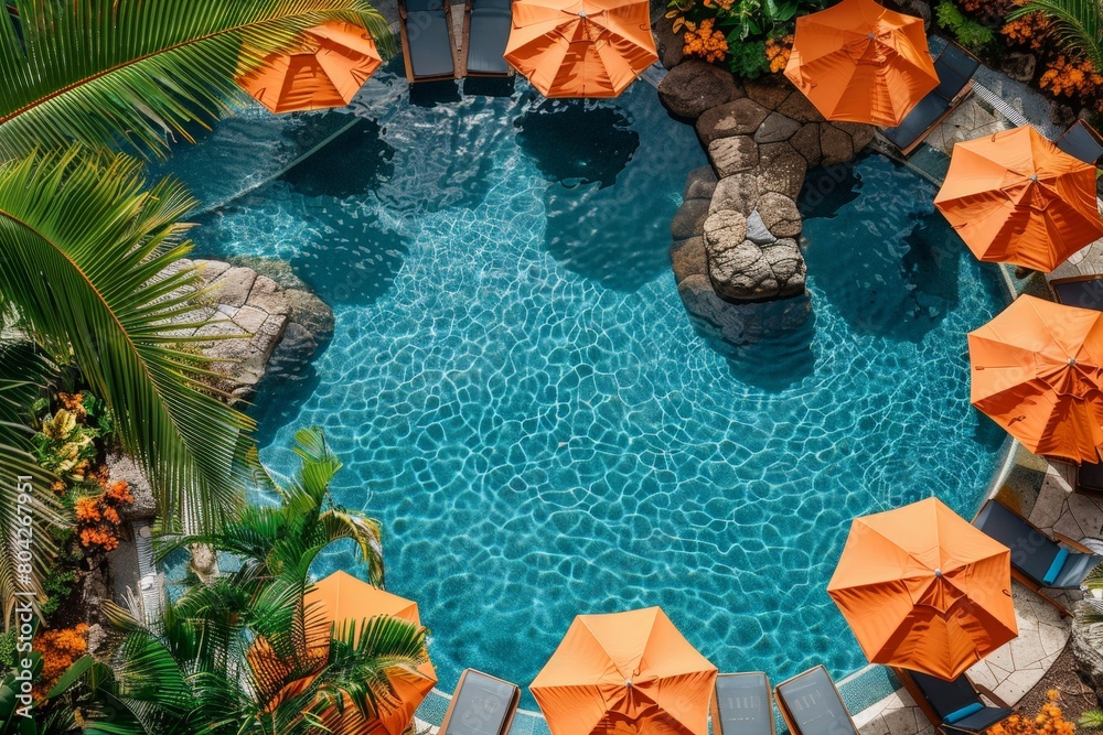 Poster overhead view of pool with orange umbrellas