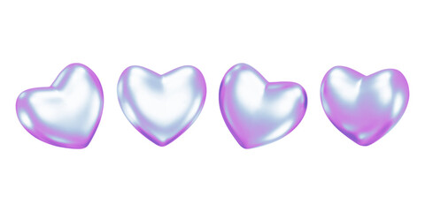 3d holographic hearts set. Various chrome elements. Geometric y2k shape for futuristic and techno designs. Metallic love symbol. Vector illustration. Romantic stickers, Valentine's Day glow icon.