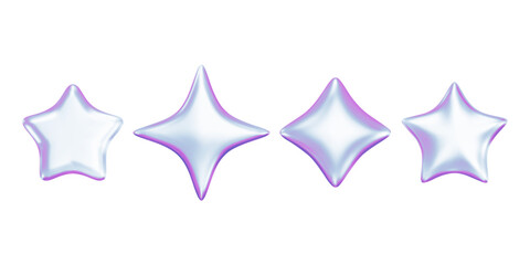 3d holographic stars. Purple chrome geometric y2k shape for futuristic and techno designs. Metallic cosmic and sky symbol render. Vector illustration. Galaxy sticker, metal icon.