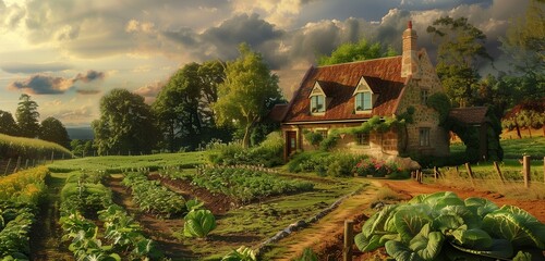 A quaint country house surrounded by fields of ripe, homegrown vegetables.