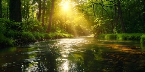 Serene Forest Stream with Glistening Sunlight Rays Reflecting on the Calm Waters Capturing the Natural Beauty through Outdoor Photography