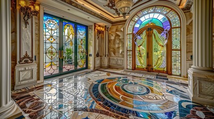 Obraz premium Grand entrance with a custom-designed stained glass door and a mosaic tile floor