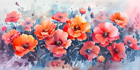 Vibrant Watercolor Floral Painting with Blooming Flowers in Warm Color Palette