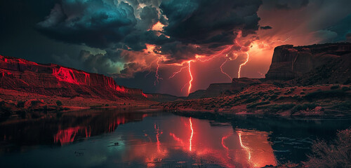 Fiery bolts of red lightning streaking across the heavens above a remote desert oasis, casting a surreal glow on the tranquil waters below.