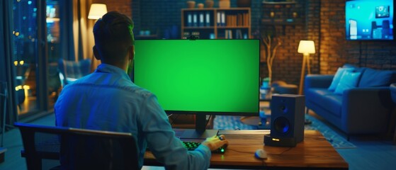 Detailed portrait of a creative man working at his desk using a desktop computer with a mock-up green screen, finishing up details on a project at night.