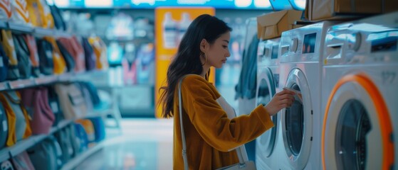 A woman works with a retail electronic shop consultant to choose a washing machine. A female looks for a laundry appliance in a modern store. A customer explores products in the store.