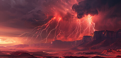Fiery tendrils of red lightning weaving through the air above a desolate desert plain, their...