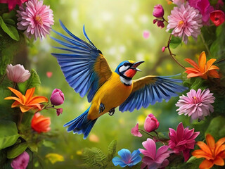heart of nature amidst the vibrant flowers lush grass and towering trees the melody of birds fills the air while the avid wildlife photographer captures the enchanting beauty of wildlife an