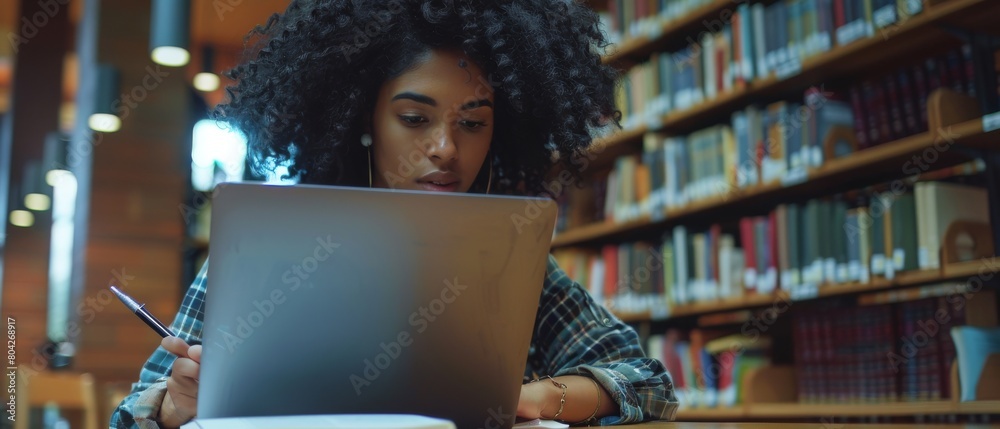 Poster a beautiful and attractive multi-ethnic student in a public library using a laptop computer and taki
