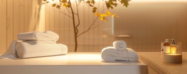 Zen spa atmosphere showcasing a minimalist design with white towels and aromatic therapy elements