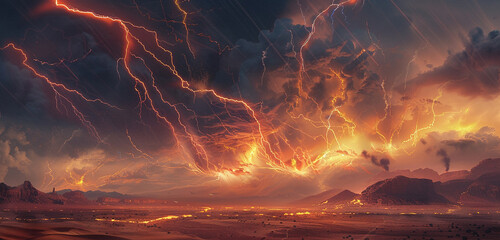 Fiery tendrils of red lightning weaving through the air above a desolate desert plain, their...