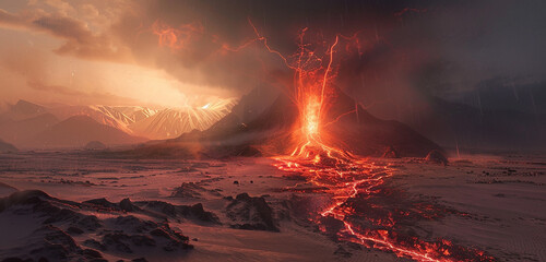 Fiery tendrils of red electricity erupting from the mouth of a dormant volcano in the heart of the...