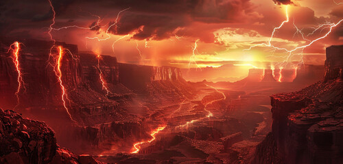Jagged bolts of red lightning slicing through the air above a desolate desert canyon, casting an...