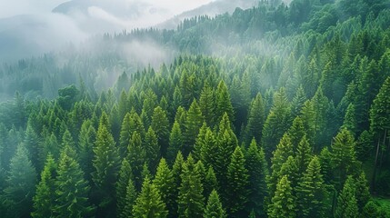The image shows a beautiful landscape of a coniferous forest from above