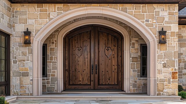 Grand entrance with a large wooden door and a handcrafted stone archway