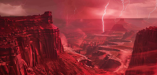 Jagged bolts of red lightning slicing through the air above a desolate desert canyon, casting an ominous glow on the rugged cliffs below.