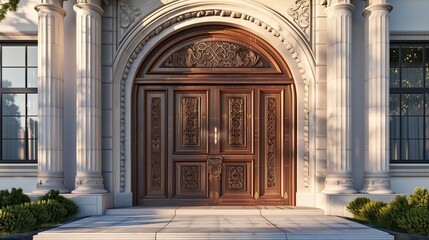 Grand entrance with a large wooden door and a handcrafted stone archway