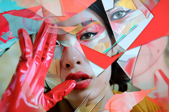 Surreal Portrait of a Woman with Abstract Makeup and Red Gloves