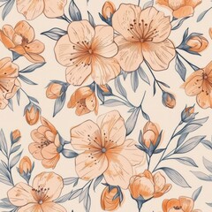 Elegant Vintage Floral Pattern with Peach Blossoms and Blue Leaves