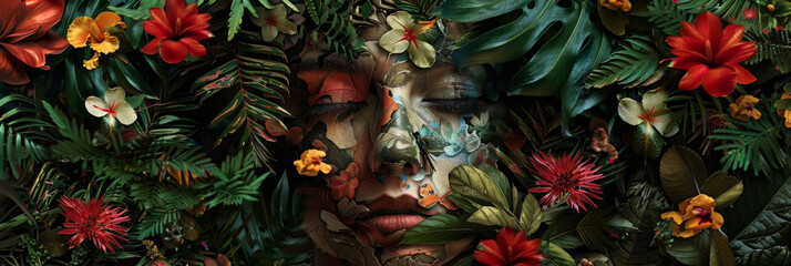 Surreal Tropical Jungle with Artistic Human Face Integration