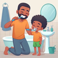 Morning Routine A Cheerful Illustration of a Parent and Child Brushing Teeth Together.