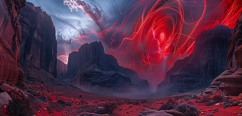 Scarlet tendrils of energy snaking their way through the air above a remote desert canyon, casting...