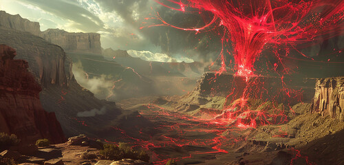 Scarlet tendrils of energy snaking their way through the air above a remote desert canyon, casting an eerie glow on the rugged terrain below. - Powered by Adobe