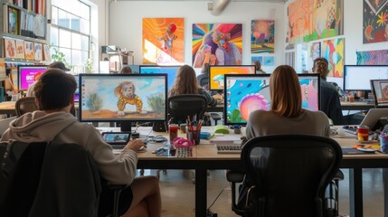 A man is using a computer in an office building, surrounded by tables, paintings, and art in a magenta-themed room. AIG41