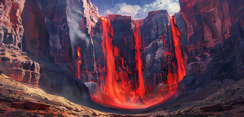 Scarlet tendrils of energy cascading down the face of a towering desert cliff, casting an eerie...