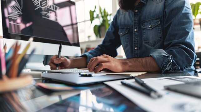 Asian graphic designer working on computer drawing sketches logo design. The concept of a new brand. Professional creative occupation with idea.