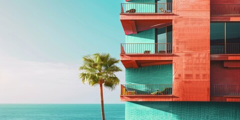 A tall building stands next to the ocean, with a single palm tree in front of it. The scene captures the urban and natural elements blending harmoniously - Powered by Adobe