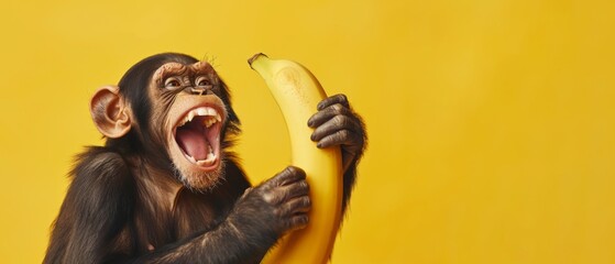 Funny wild zoo animal banner - Happy laughing monkey, chimpanzee, holding eating a banana, isolated...