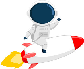 Cute Astronaut Cartoon Character Riding A Rocket And Waving. Vector Illustration Flat Design Isolated On Transparent Background