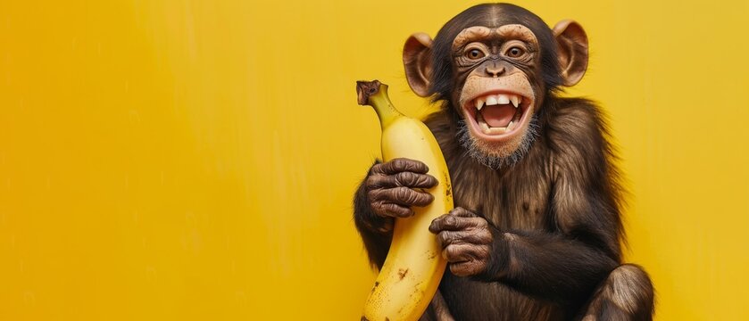 Funny wild zoo animal banner - Happy laughing monkey, chimpanzee, holding eating a banana, isolated on yellow background