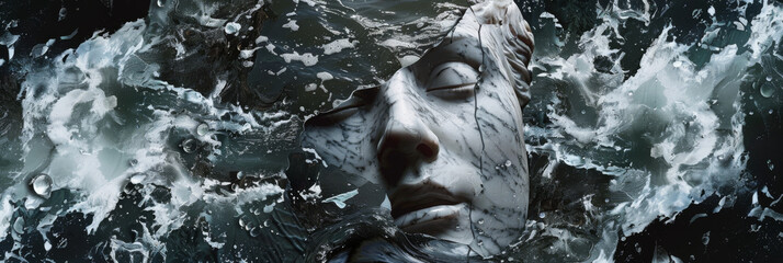 Surreal Marble Statue Face Submerged in Churning Ocean Waves