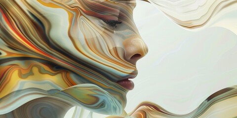 A painting depicting the profile of a womans face with her hair flowing gracefully. The background features a unique design resembling wallpaper