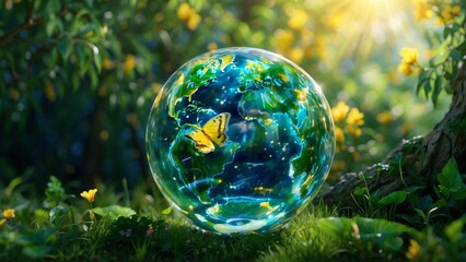 A glass earth globe with a tree, illuminated by sunlight with a yellow butterfly accenting the...