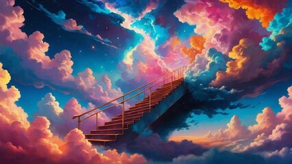 Fantasy stairs, way into another dimension, merging with clouds of different colours, pink, blue, orange