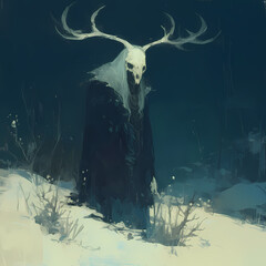 Eerie Skeletal Character with Antlers Stalking Through Frozen Forest