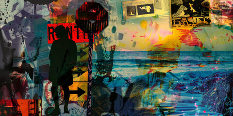 Colorful Abstract Collage with Silhouetted Figure and Surrealist Elements