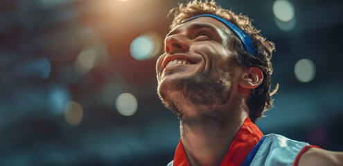 Joyful athlete celebrating a victory at the stadium. Smiling male runner enjoying his moment of triumph in the spotlight. victory celebration of a young runner under bright lights