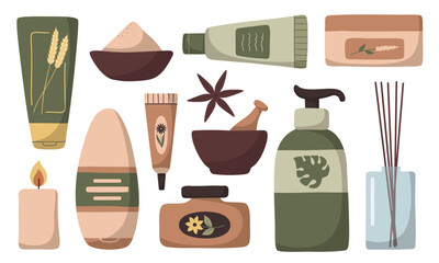 Set of vector flat organic skincare products isolated on white background