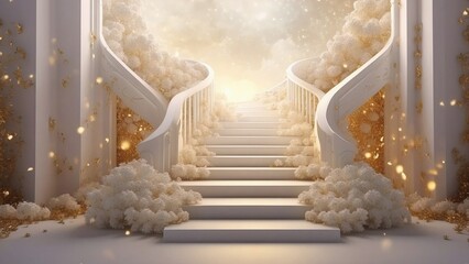 White staircase into heaven, angelical realm, merging with golden light and stars, representing the journey to unknown realms of thought