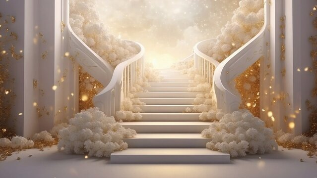 White staircase into heaven, angelical realm, merging with golden light and stars, representing the journey to unknown realms of thought