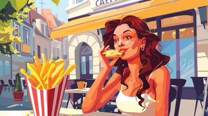 Beautiful young woman eating tasty french fries