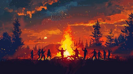 Flat illustration of people silhouettes dancing at night at party around fire