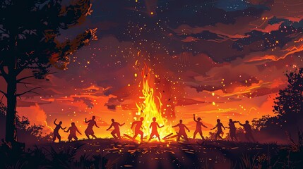 Flat illustration of people silhouettes dancing at night at party around fire