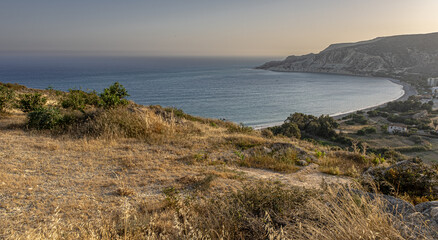 View of Pissouri Bay at early sunset towards the east as seen from its eastern hilltop, Pissouri...