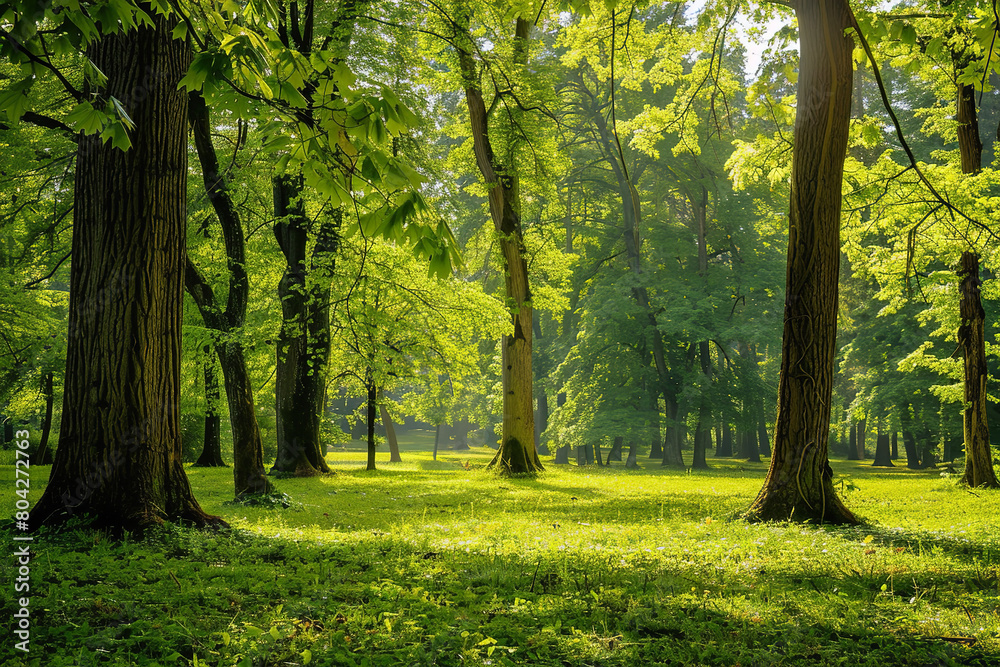 Poster Tranquil Forest Scene with Sunlight Filtering Through Mature Trees  